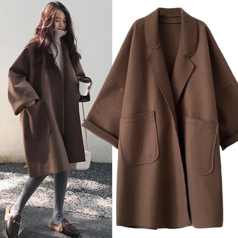 Oversized Wool Trenchcoat - Mid Length Classic Wool Blend Jacket For Women
