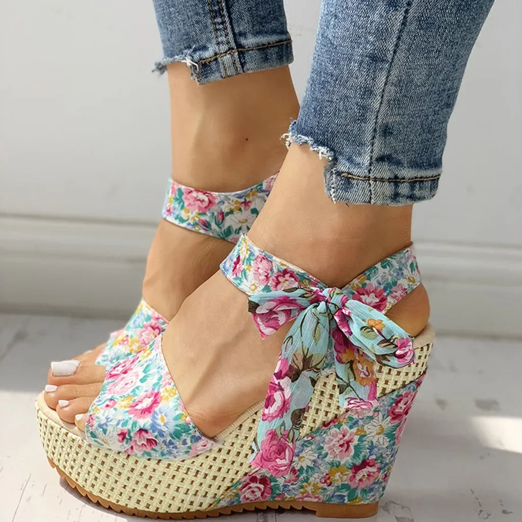 Floral Wedge Sandals - Lace-Up Adjustable Strap Women's Summer Shoes