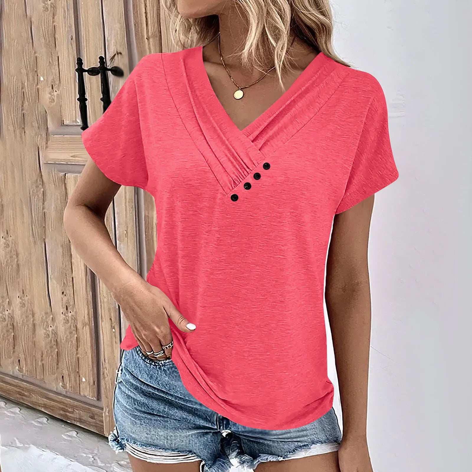 Ribbed V-Neck Tee – Lightweight Summer Top With Chic Button Detail & Stretchy Fabric