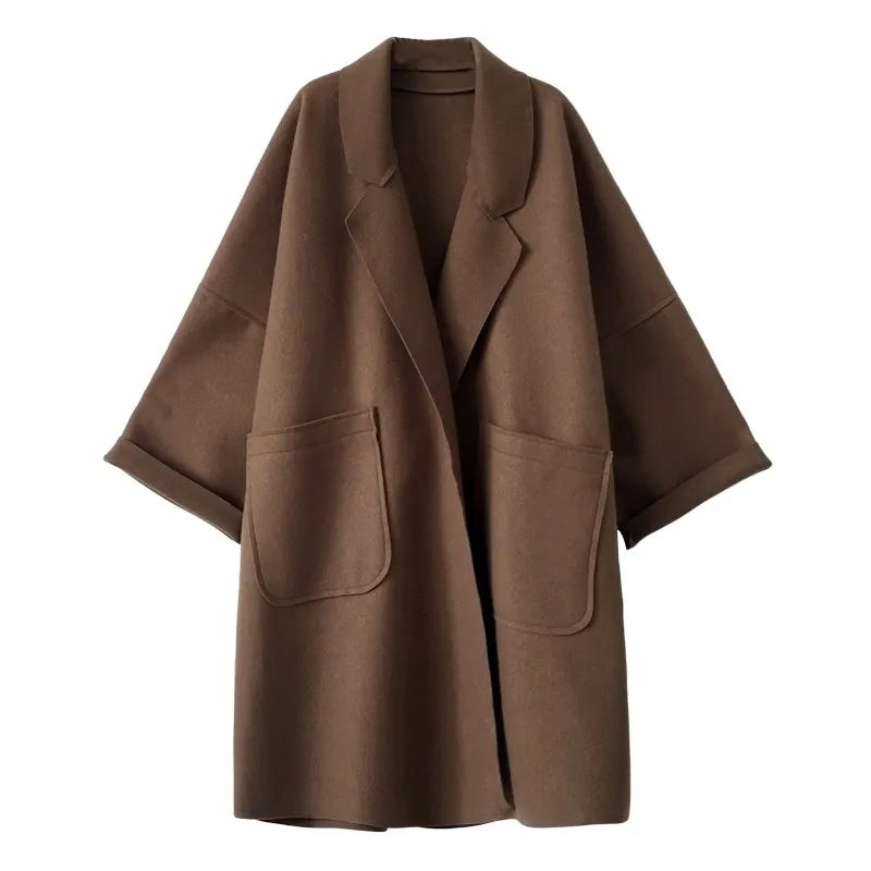 Oversized Wool Trenchcoat - Mid Length Classic Wool Blend Jacket For Women
