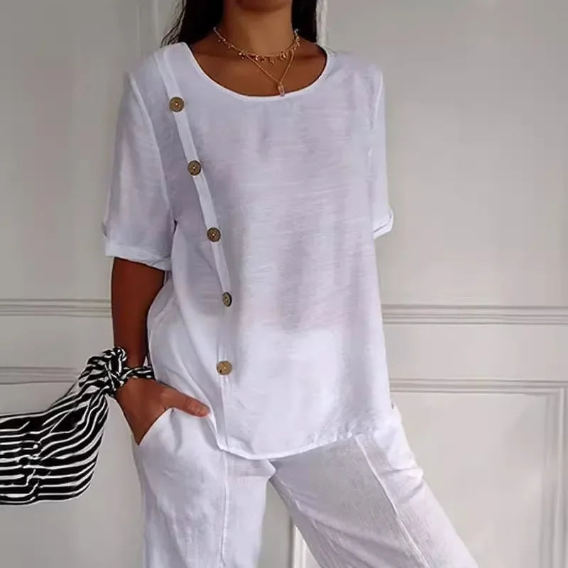 Button Drape Blouse - Elegant Cotton Linen Shirt With Stylish Side Buttons