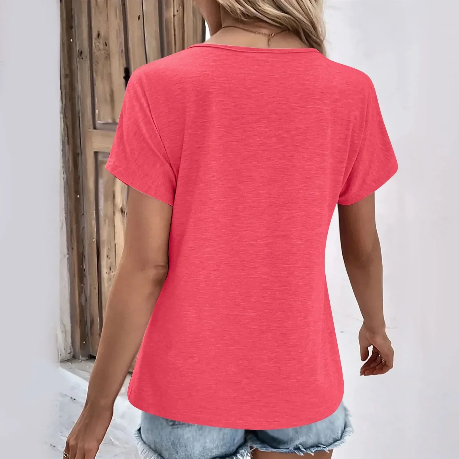 Ribbed V-Neck Tee – Lightweight Summer Top With Chic Button Detail & Stretchy Fabric