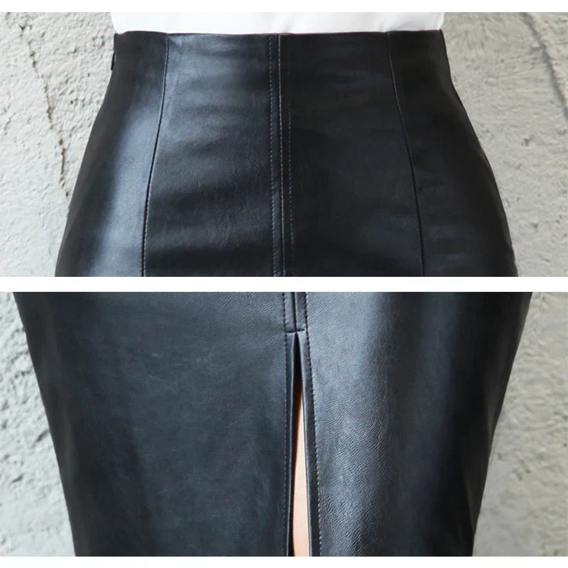 Black Leather Pencil Skirt – Sleek High Waisted Midi PU Skirt with Front Slit