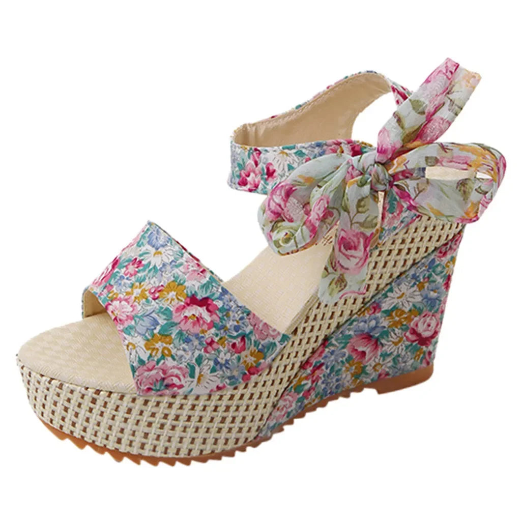 Floral Wedge Sandals - Lace-Up Adjustable Strap Women's Summer Shoes