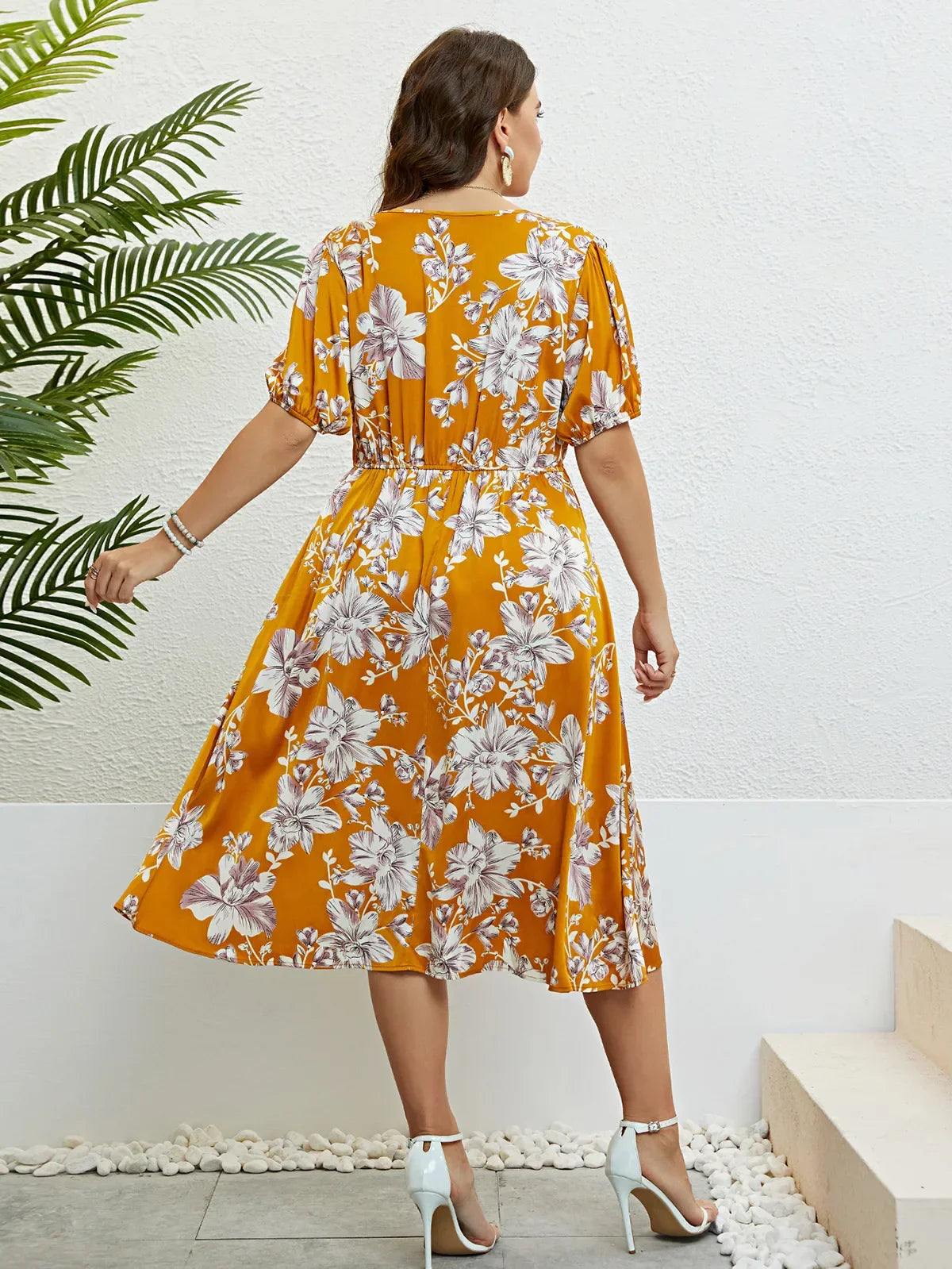 Floral Midi Dress - Yellow A-Line Plus Size Dress With Elastic Waist & V-Neck