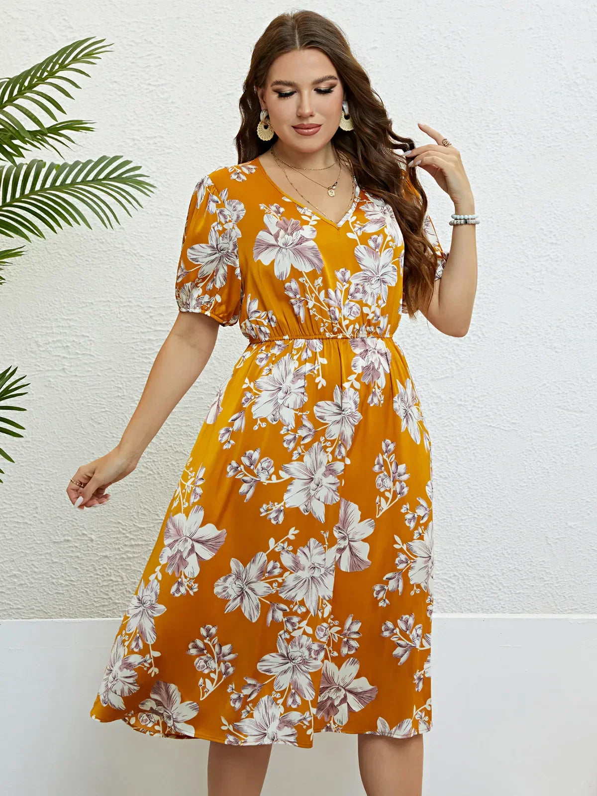 Floral Midi Dress - Yellow A-Line Plus Size Dress With Elastic Waist & V-Neck