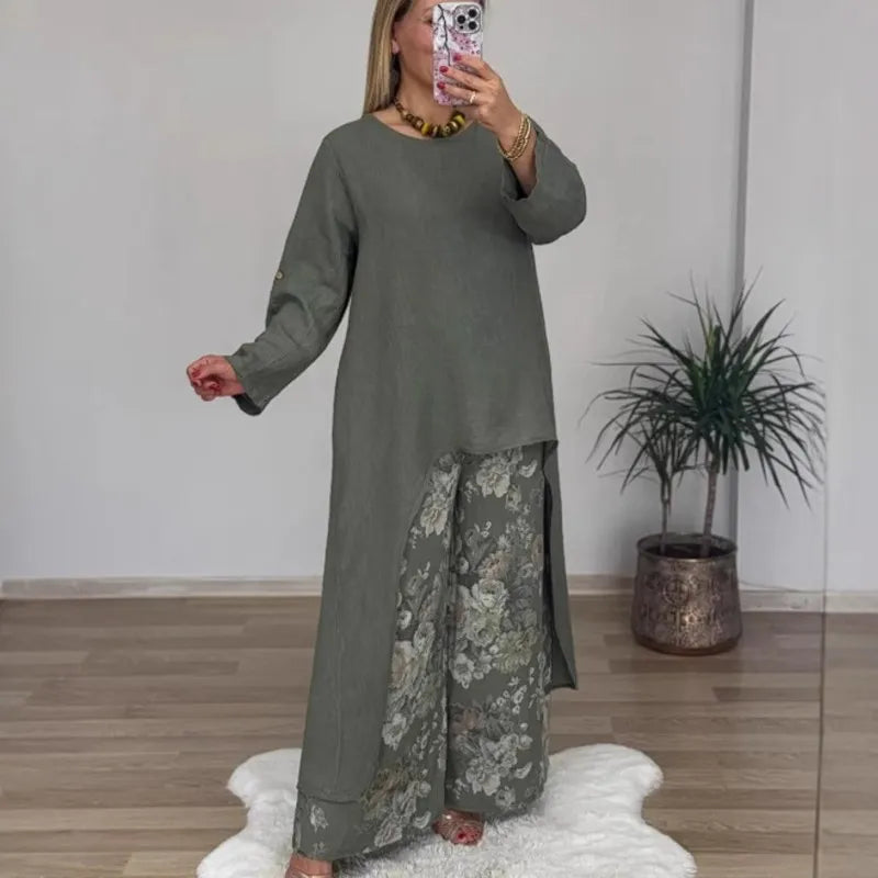Floral Pants Set – Long Blouse Outfit | Comfortable Women's Wear Two Piece Set