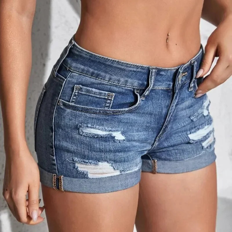 Mid Waist Denim Shorts – Casual Rolled Hem, Distressed Five Pocket Summer Wear