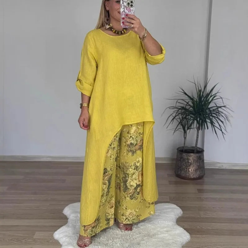 Floral Pants Set – Long Blouse Outfit | Comfortable Women's Wear Two Piece Set