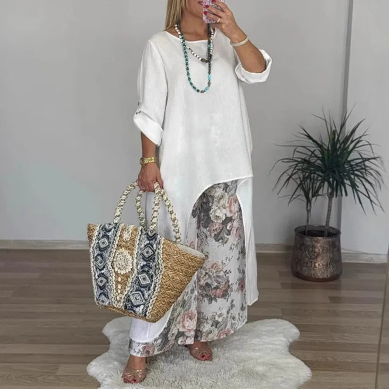 Floral Pants Set – Long Blouse Outfit | Comfortable Women's Wear Two Piece Set