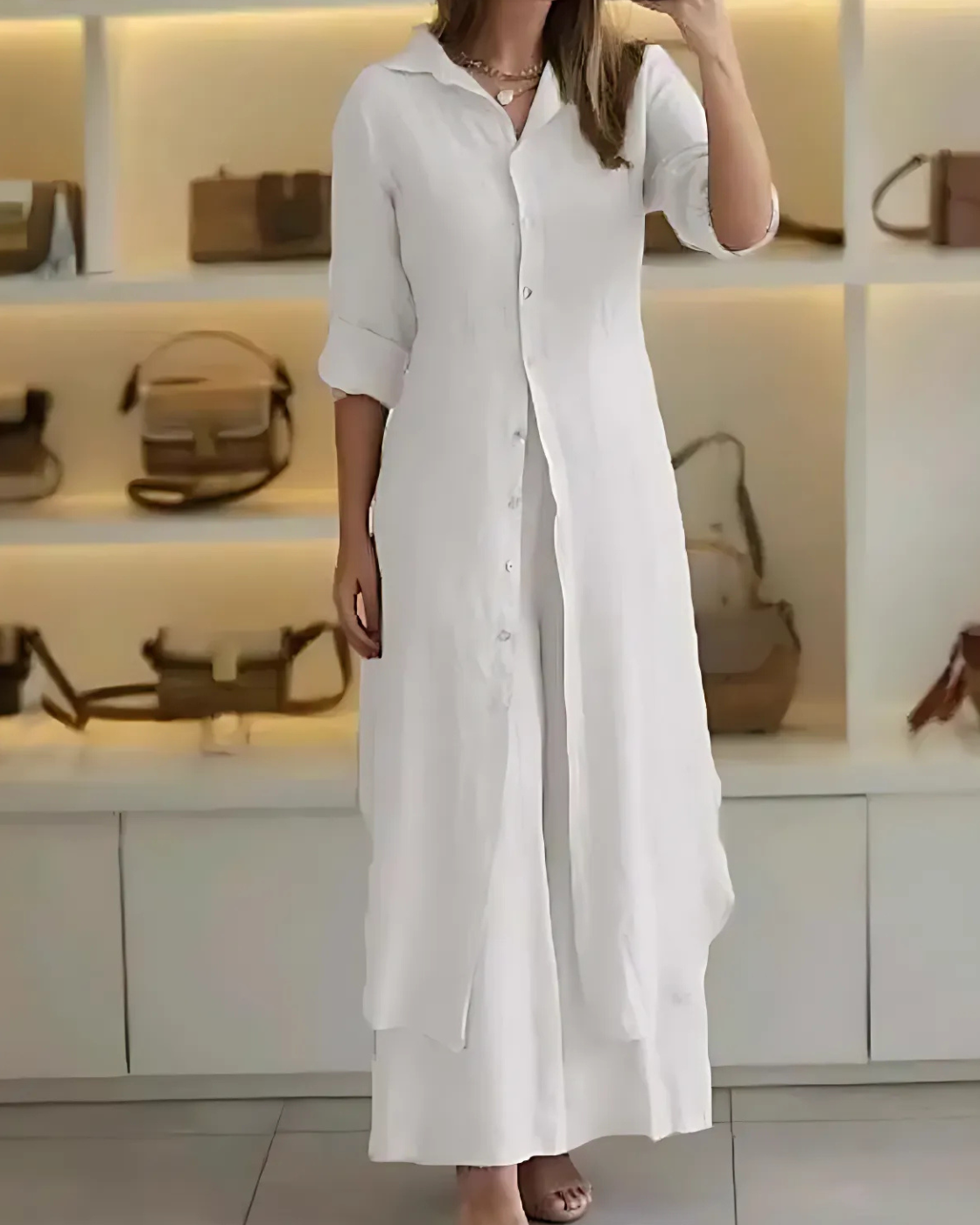 Conjunto Clara Linho Premium – Camisa Chemise Longa e Calça Pantalona Fluida Elegante