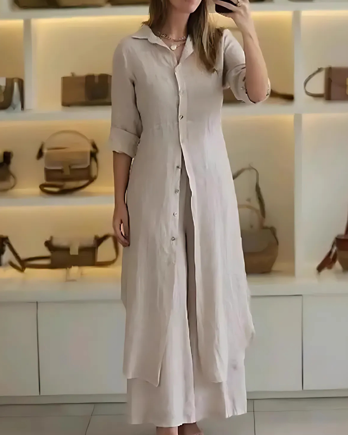 Conjunto Clara Linho Premium – Camisa Chemise Longa e Calça Pantalona Fluida Elegante