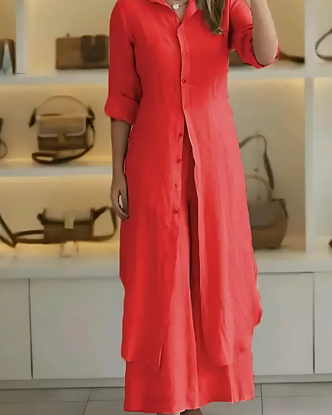 Conjunto Clara Linho Premium – Camisa Chemise Longa e Calça Pantalona Fluida Elegante