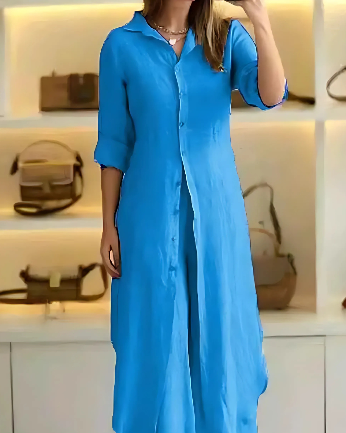 Conjunto Clara Linho Premium – Camisa Chemise Longa e Calça Pantalona Fluida Elegante