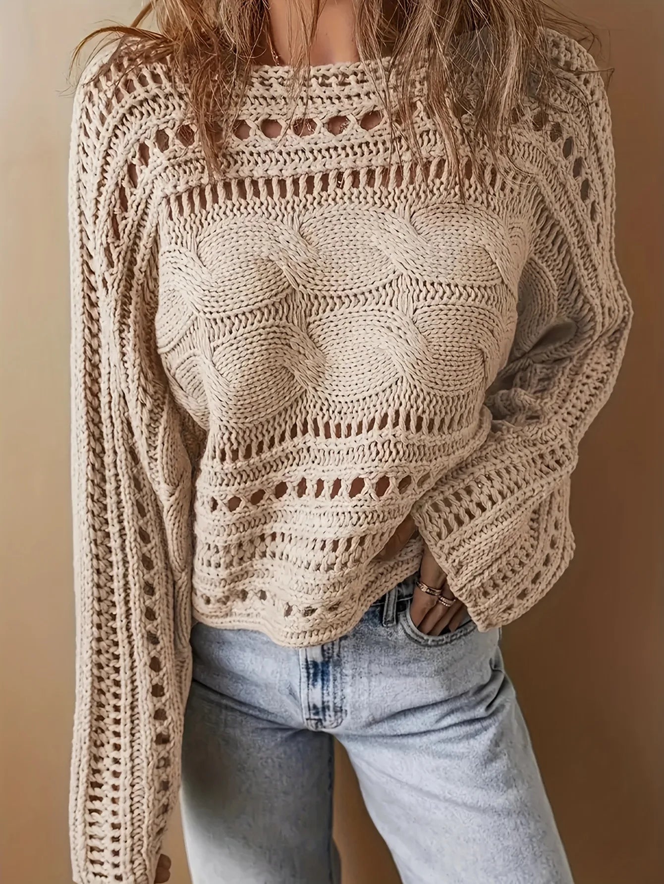 Crochet Knit Sweater - Relaxed Fit Apricot Sweater With Wide Boat Neckline