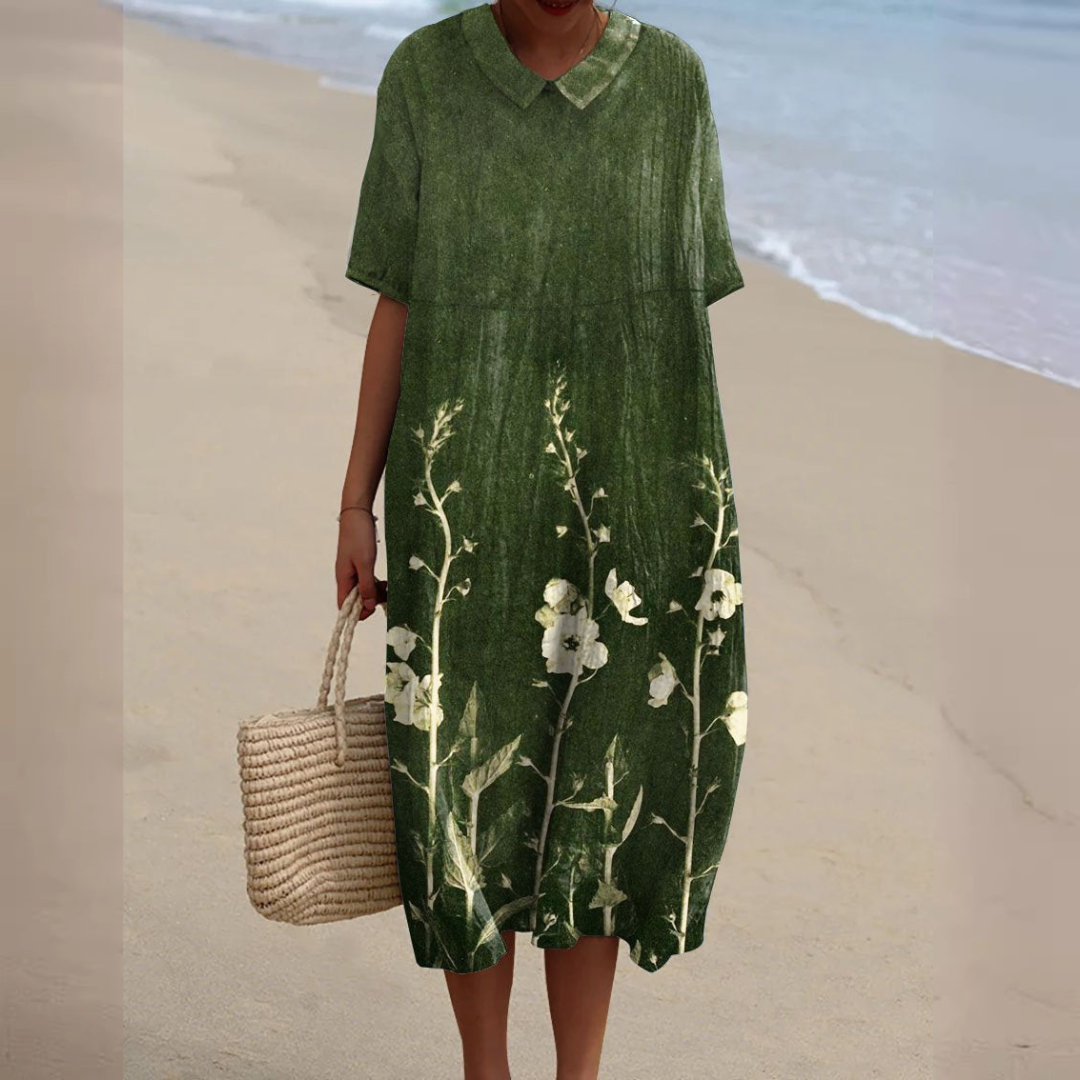 Floral Sundress - Lightweight Linen Cotton Blend Dress With Tummy Coverage