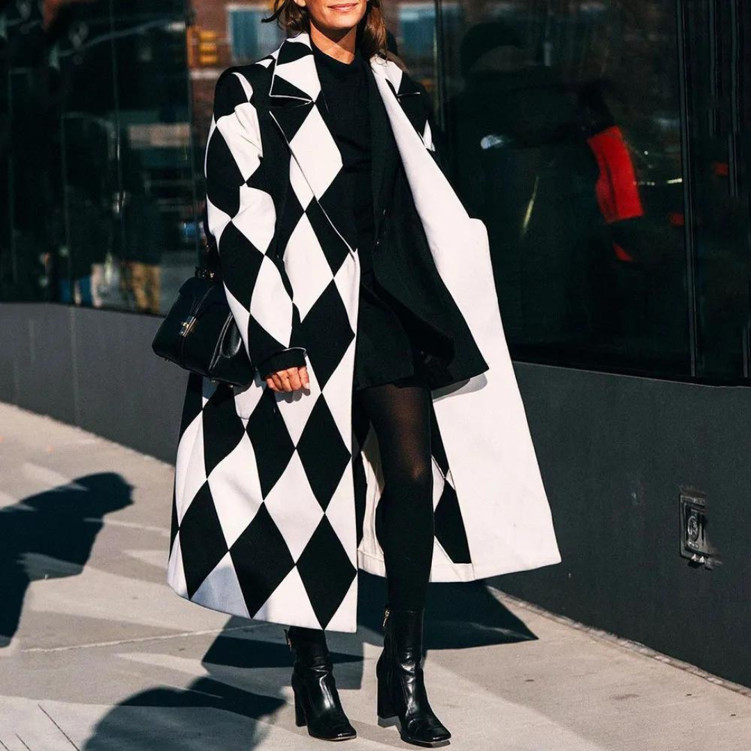 Long Women's Coat – Monochrome Designer Patterned Black and White Felt Coat