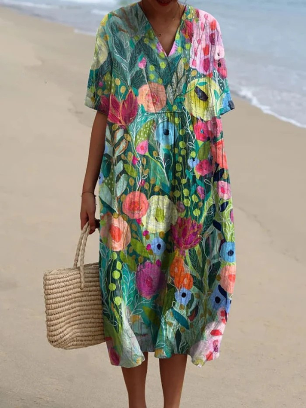 Watercolor Print Dress - Lightweight Cotton Linen Summer Casual Dress With Feminine Tie Back