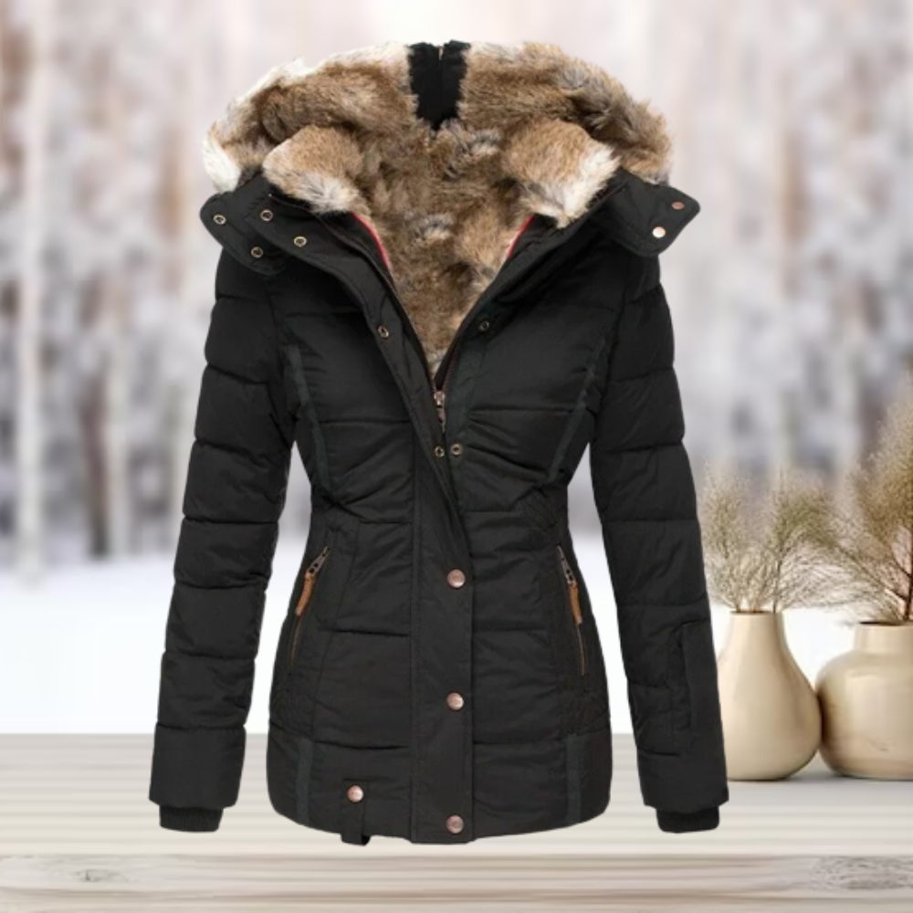 Winter Fur Hood Jacket - Elegant Women's Coat With Detachable Fur Hood