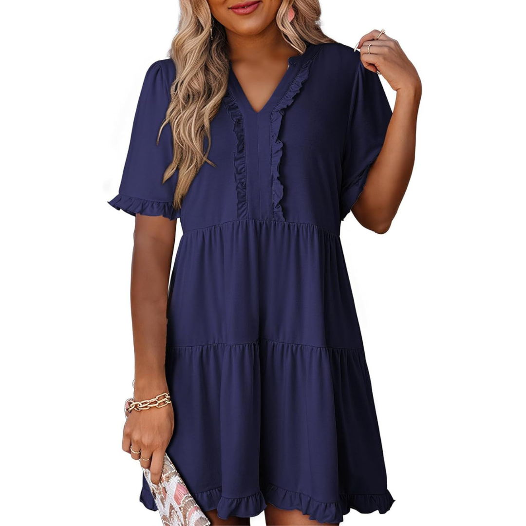 Casual V-Neck Mini Dress – Lightweight Fabric, Playful Mini Length, Versatile Styling
