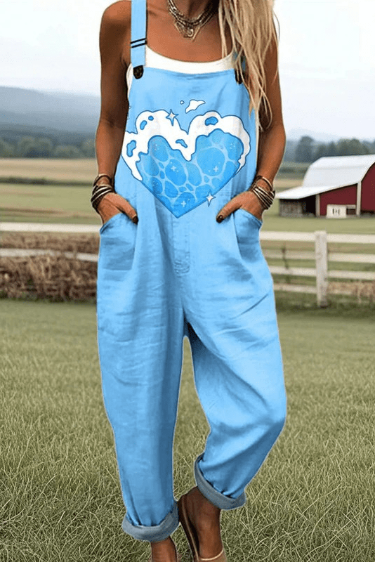 Ocean Heart Jumpsuit – Wide Leg Casual Women's Relaxed Fit Graphic Print
