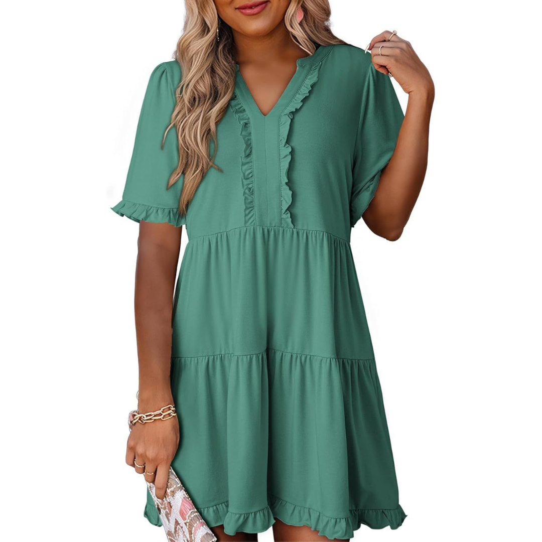 Casual V-Neck Mini Dress – Lightweight Fabric, Playful Mini Length, Versatile Styling