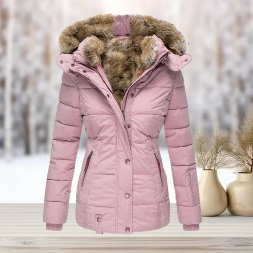 Winter Fur Hood Jacket - Elegant Women's Coat With Detachable Fur Hood