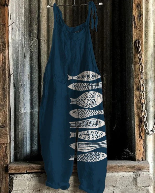 Fish Inspired Jumpsuit – Japanese Art Print | Adjustable Waist, Breathable Fabric