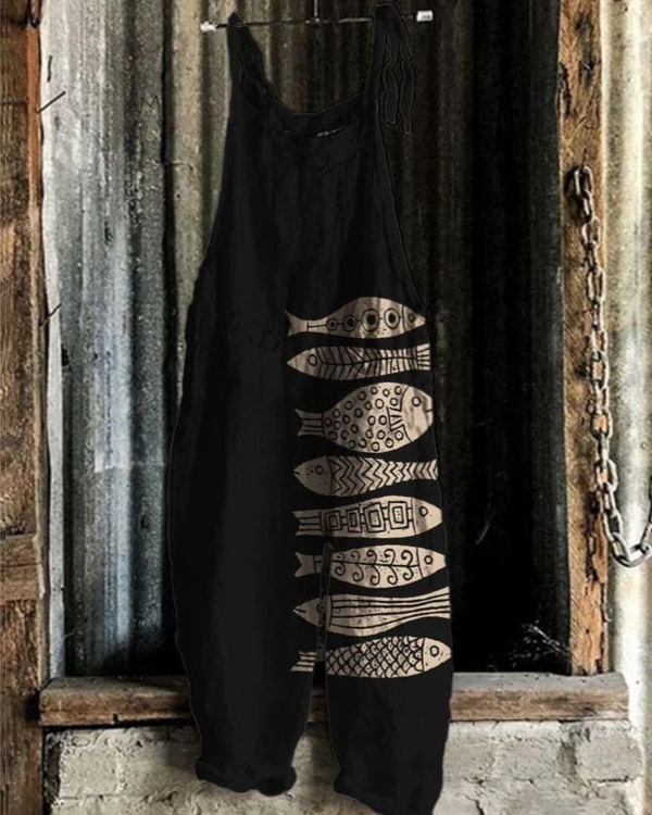 Fish Inspired Jumpsuit – Japanese Art Print | Adjustable Waist, Breathable Fabric