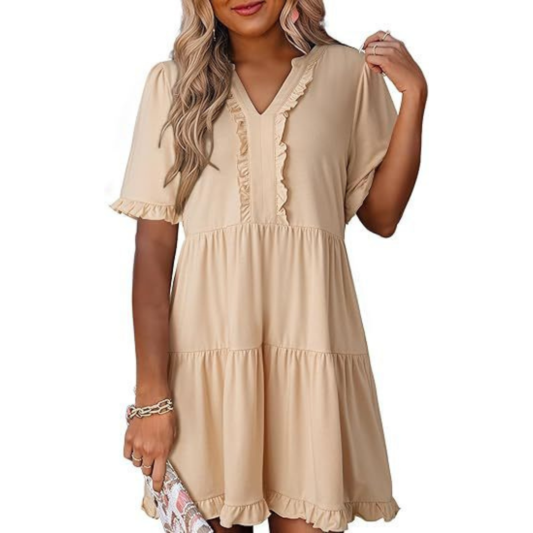 Casual V-Neck Mini Dress – Lightweight Fabric, Playful Mini Length, Versatile Styling