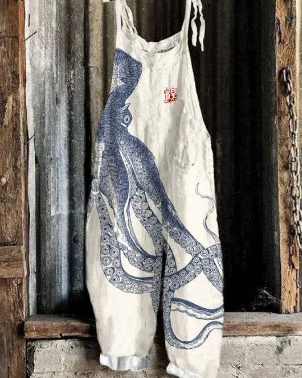 Octopus Print Jumpsuit – Artistic Adjustable Waist, Breathable Fabric, Side Pockets