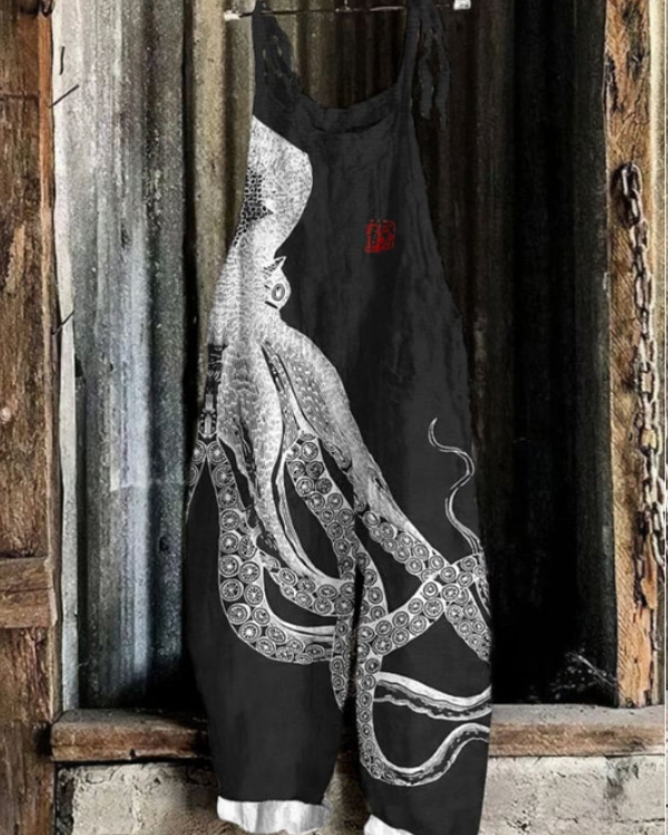 Octopus Print Jumpsuit – Artistic Adjustable Waist, Breathable Fabric, Side Pockets