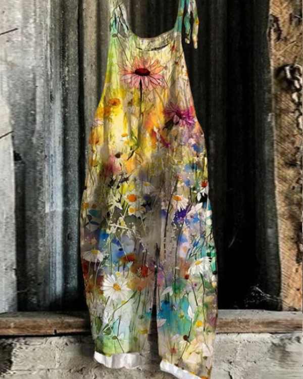 Daisy Floral Jumpsuit - Loose Adjustable Waist Travel-Friendly Romper