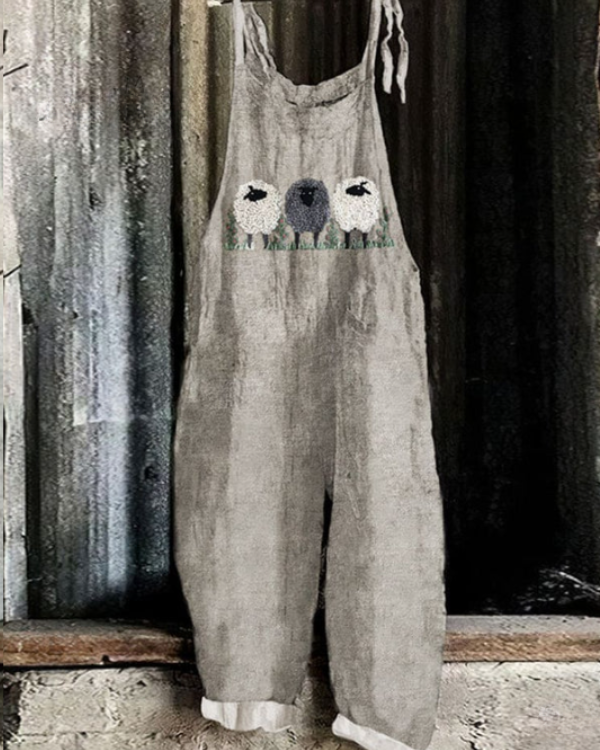 Vintage Sheep Jumpsuit – Cozy Casual Women's Jumpsuit with Adjustable Waist & Pockets