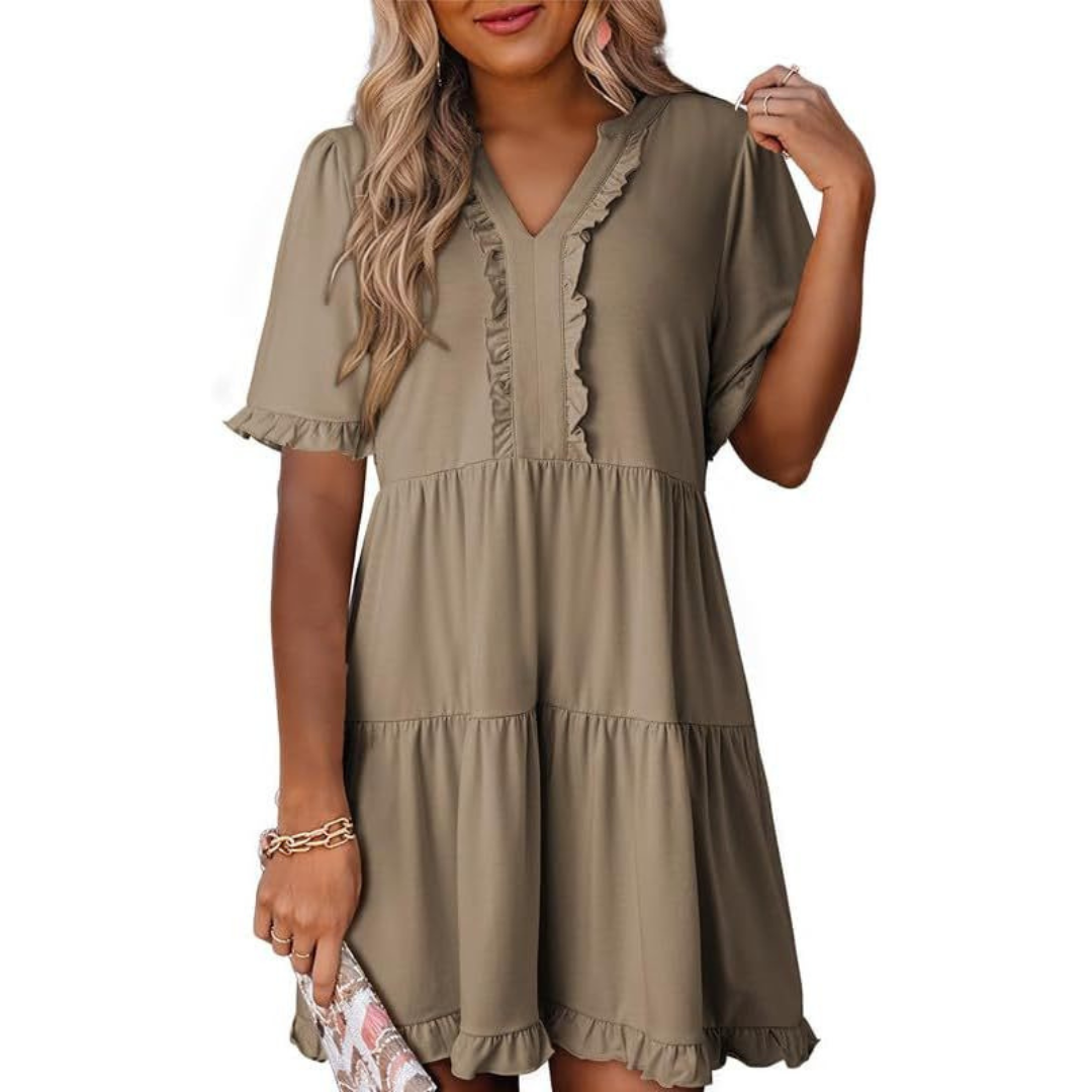 Casual V-Neck Mini Dress – Lightweight Fabric, Playful Mini Length, Versatile Styling