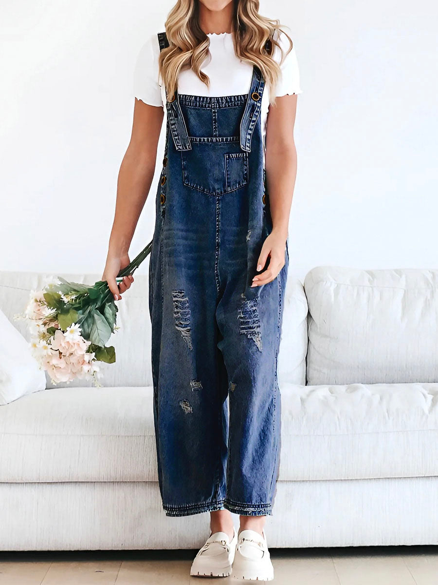 Distressed Denim Overalls – Women’s Vintage Adjustable Strap Casual Jumpsuit