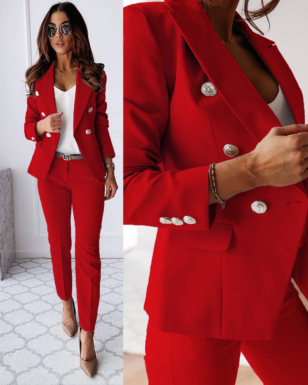 Women's Blazer Set - Elegant Classic Style Blazer with Flattering Fit & Vintage-Inspired Blouse