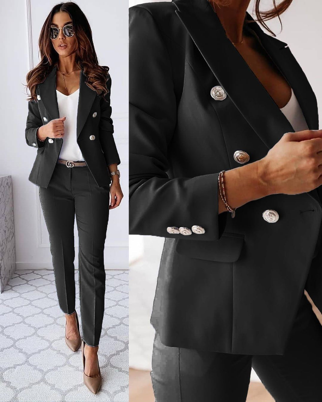 Women's Blazer Set - Elegant Classic Style Blazer with Flattering Fit & Vintage-Inspired Blouse
