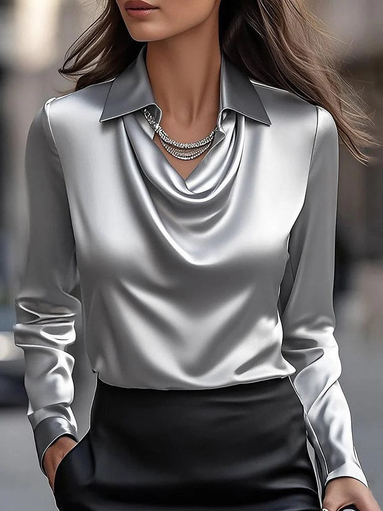 Satin Swing Collar Shirt - Women's Satin Top With Flowing Collar Design