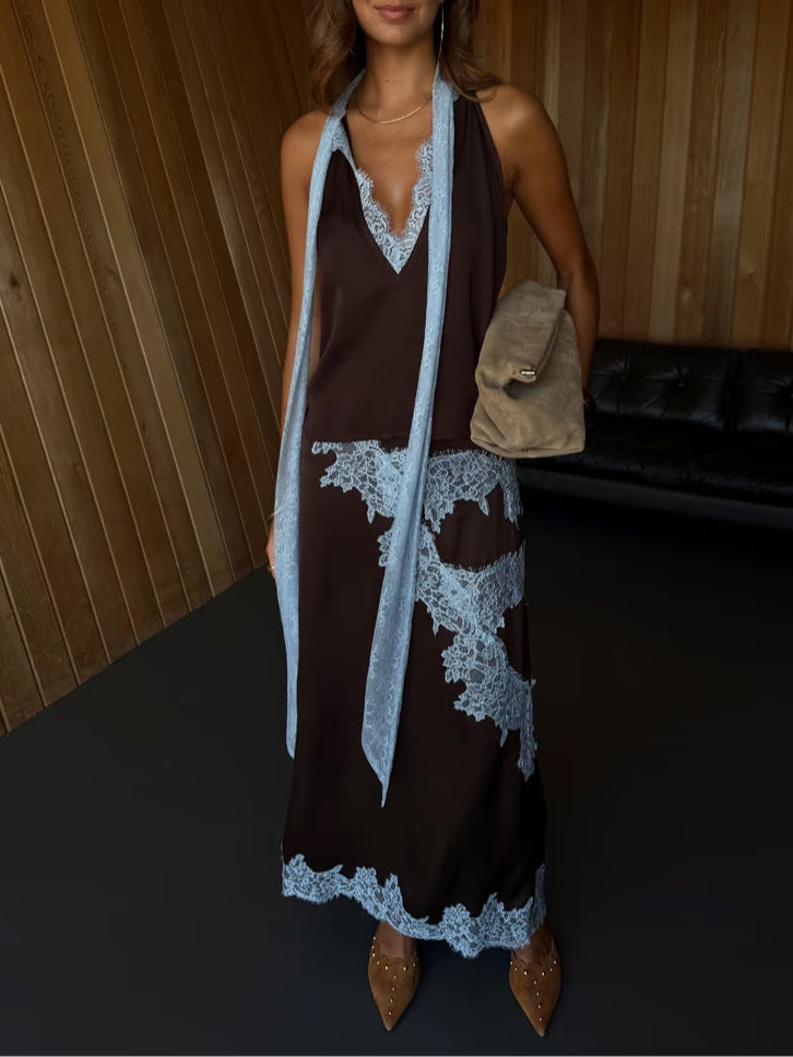 Lace Panel Top Skirt Set – Elegant Two Piece Outfit With Premium Lace Fabric