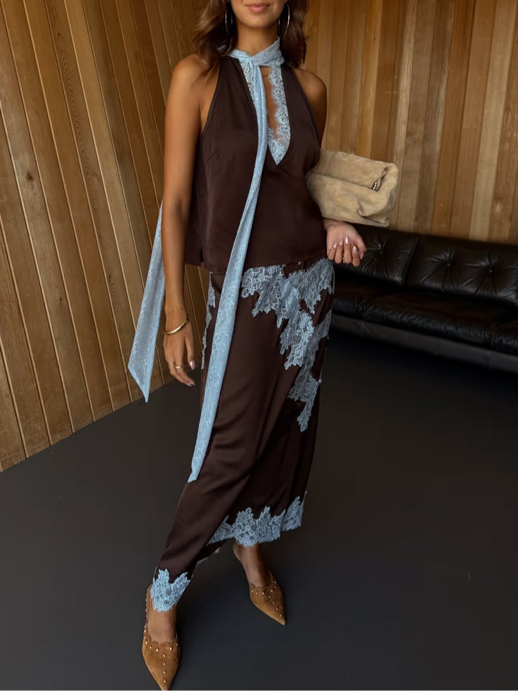 Lace Panel Top Skirt Set – Elegant Two Piece Outfit With Premium Lace Fabric