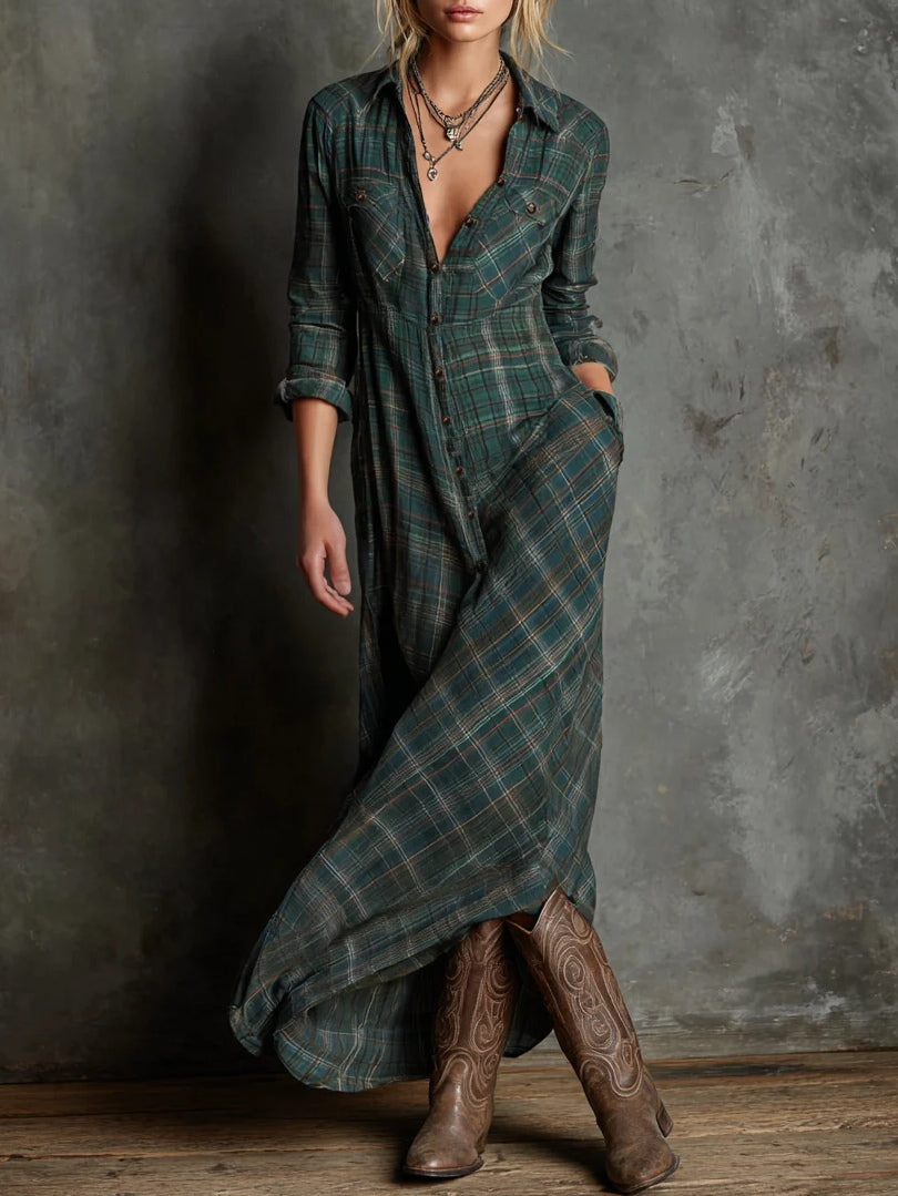 Long Dress With Lapel – Elegant Maxi Dress Featuring Green Checked Lapel Collar