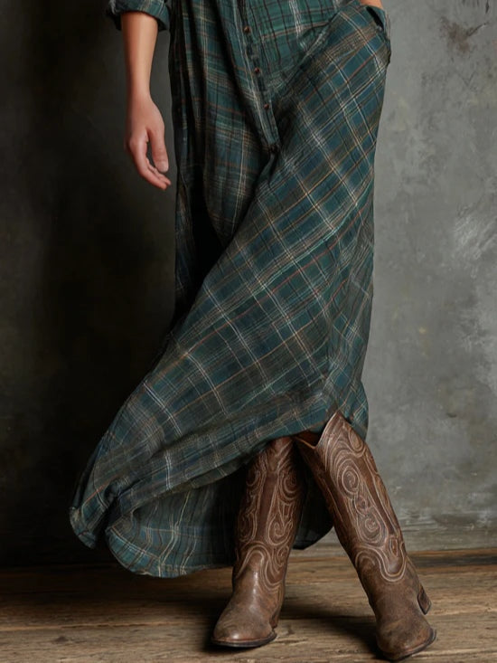 Long Dress With Lapel – Elegant Maxi Dress Featuring Green Checked Lapel Collar