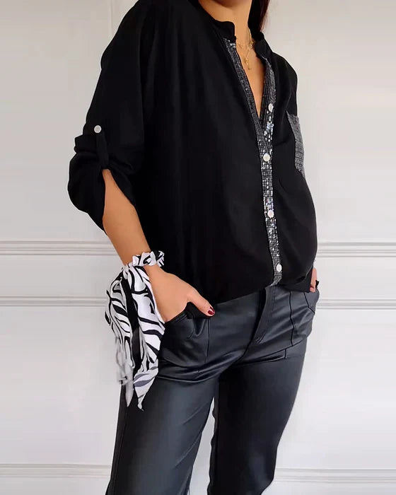 Chic Glamour Top - Elegant Black Sequin Detail Button-Up Blouse for Night Out