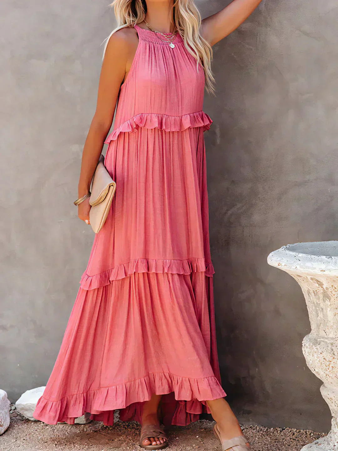 Halter Ruffle Maxi Dress – Elegant Bohemian Flowy Summer Dress With Ruffle Hem