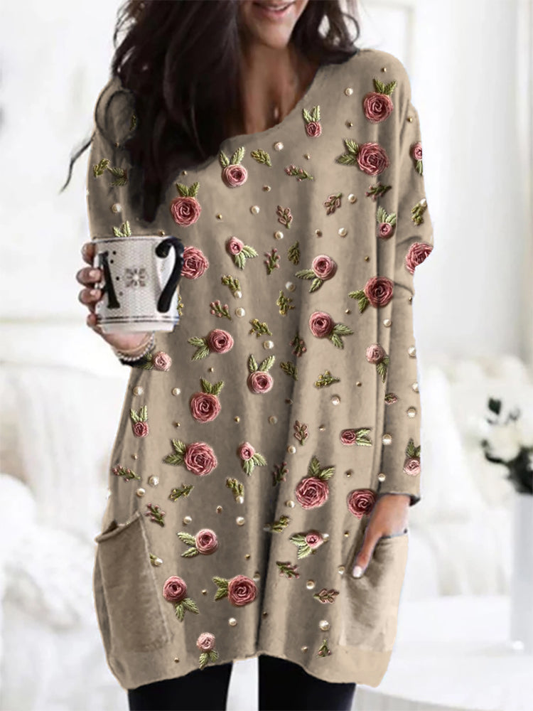 Rose Printed Tunic - Romantic Classy Blouse With Whimsical Rose Embroidery