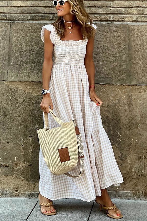 Checkered Maxi Dress - Smocked Bust Flowy Summer Dress with Adjustable Straps