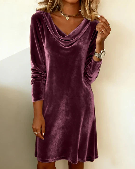 Women's Velvet Dress - Knee Length Hooded Collar, Soft Velvet Fabric Winter Wear