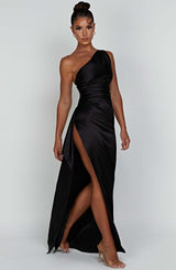 One Shoulder Satin Dress - Long Bodycon Style With Side Slit & Adjustable Strap
