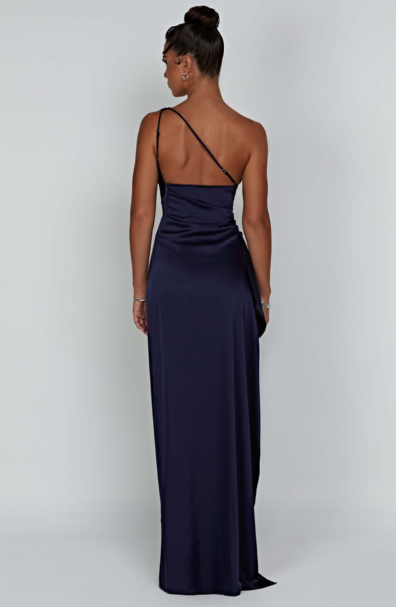 One Shoulder Satin Dress - Long Bodycon Style With Side Slit & Adjustable Strap
